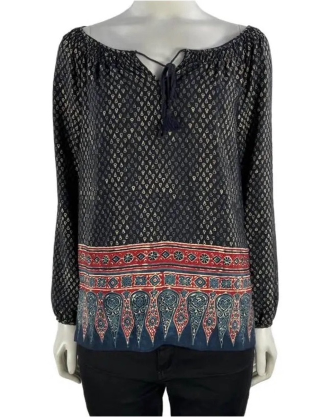 Lauren Boho-Print Long-Sleeve Peasant Top in Navy and Red, XS, EUC